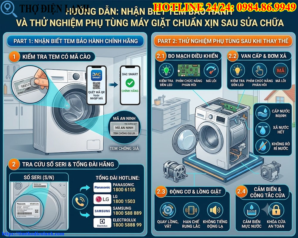 Nhận biết tem bảo hành và thử nghiệm phụ tùng máy giặt