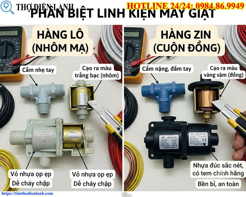 Phân biệt van cấp nước, bơm xả máy giặt Lô và Zin