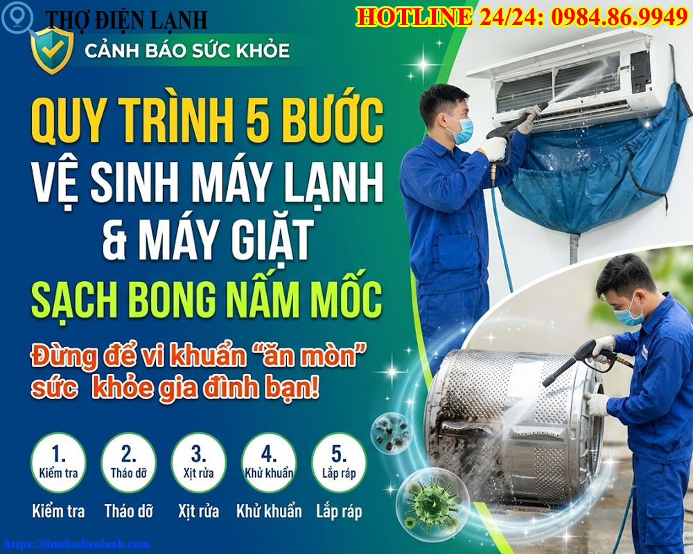 Quy trình 5 bước vệ sinh máy lạnh máy giặt sạch bong nấm mốc