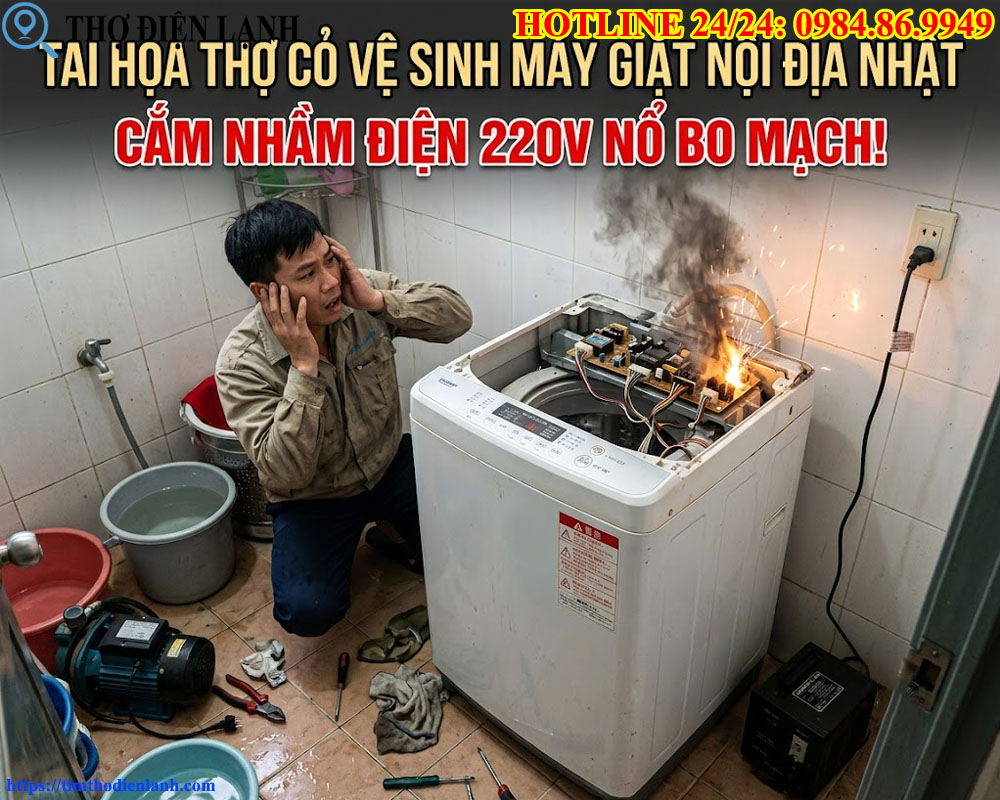 Tai họa khi gọi thợ cỏ vệ sinh máy giặt nội địa Nhật Cắm nhầm điện 220V nổ bo mạch