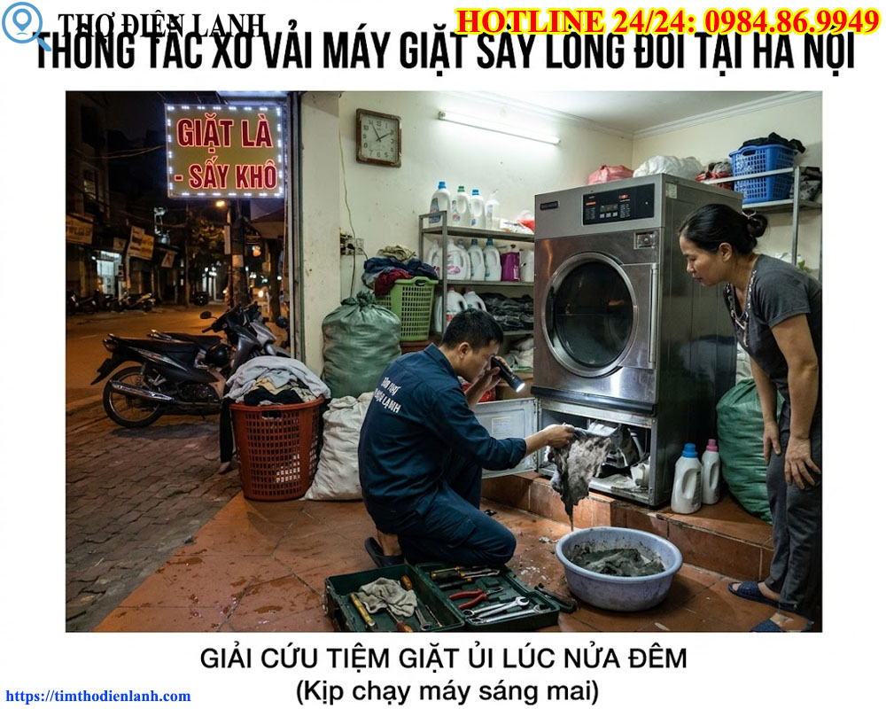 Thông tắc xơ vải máy giặt sấy lồng đôi tại Hà Nội Giải cứu tiệm giặt ủi lúc nửa đêm