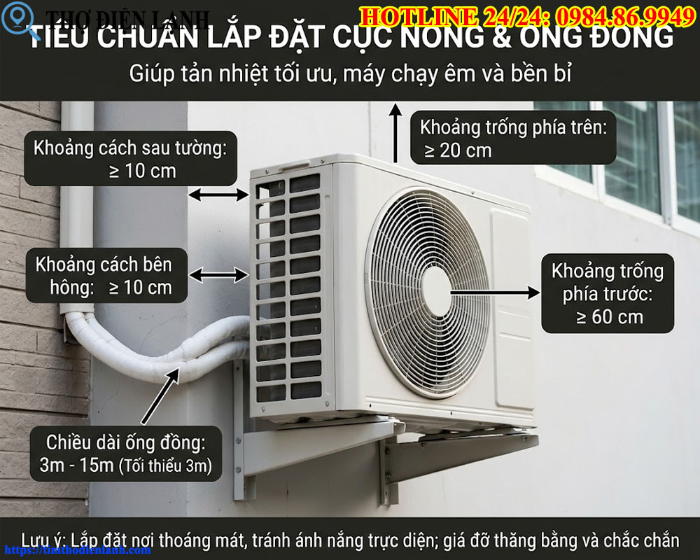 Tiêu chuẩn ống đồng và vị trí lắp đặt cục nóng điều hòa tản nhiệt tốt