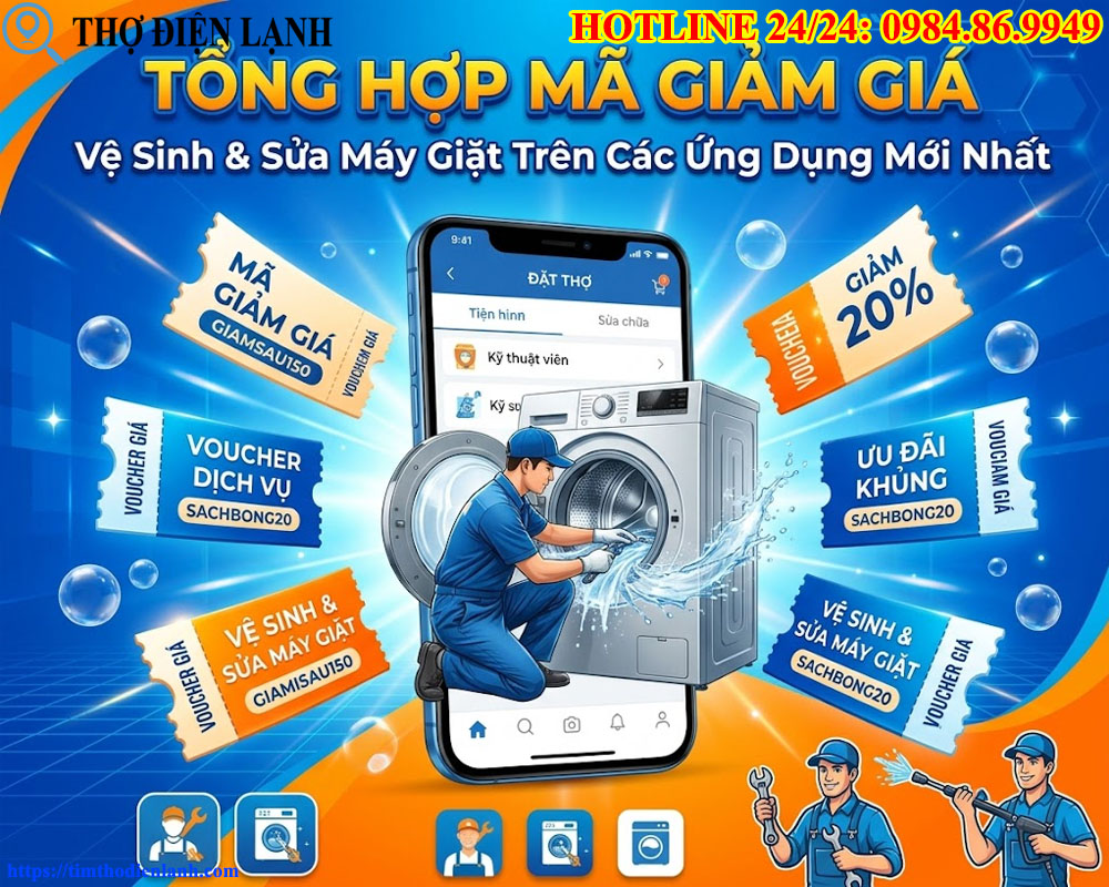 Tổng hợp mã giảm giá (Voucher) dịch vụ vệ sinh, sửa máy giặt