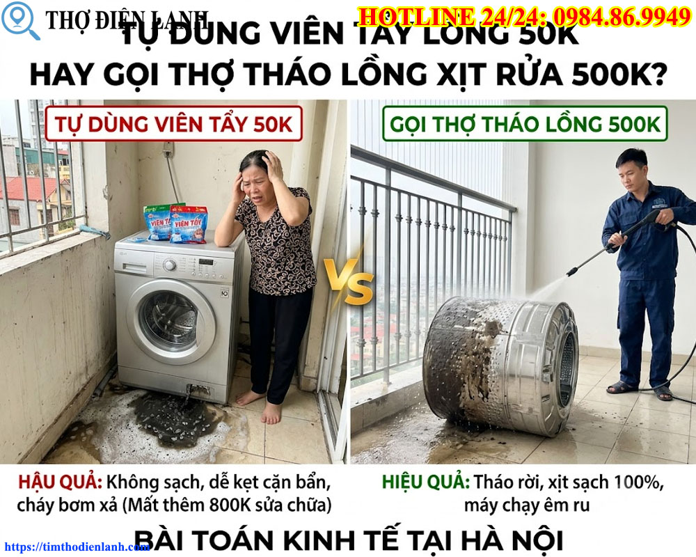 Tự dùng viên tẩy lồng giặt 50k hay gọi thợ tháo lồng xịt rửa 500k tại Hà Nội