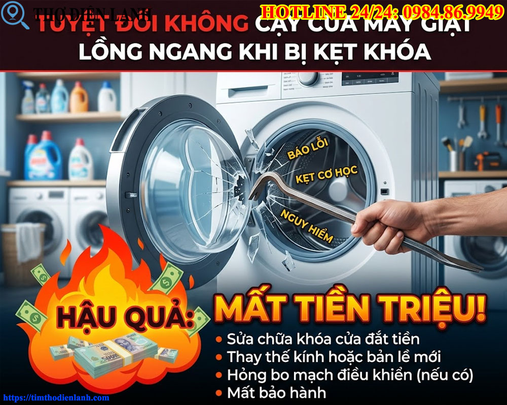 Tuyệt đối không cạy cửa máy giặt lồng ngang khi bị kẹt khóa