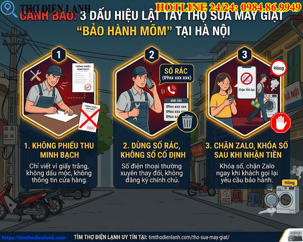 dấu hiệu lật tẩy thợ sửa máy giặt bảo hành mõm tại Hà Nội