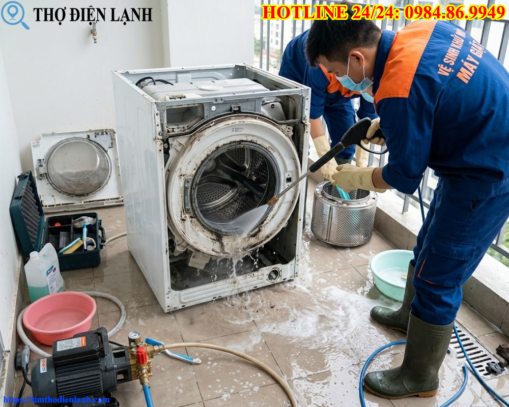 khử mùi hôi nấm mốc máy giặt lồng ngang bằng máy xịt cao áp