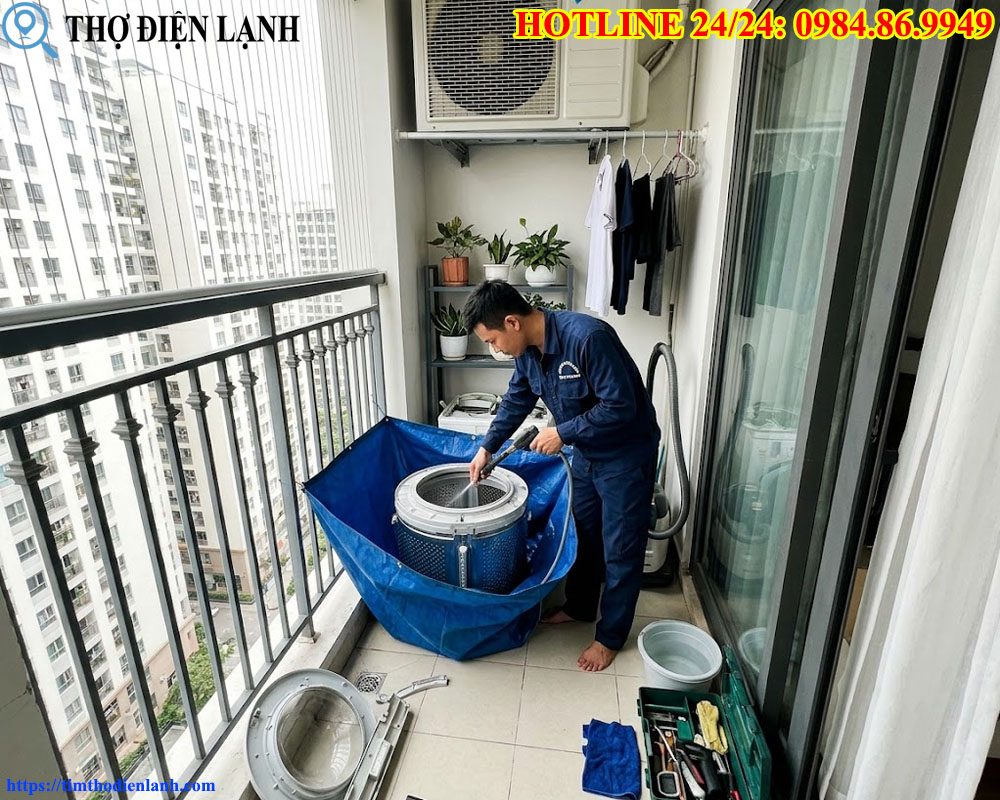 rửa máy giặt ban công hẹp tại các chung cư Cầu Giấy
