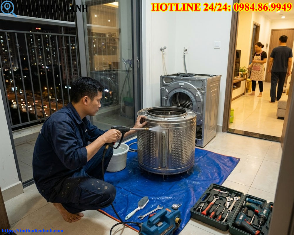 thợ nhận tháo lồng rửa máy giặt buổi tối