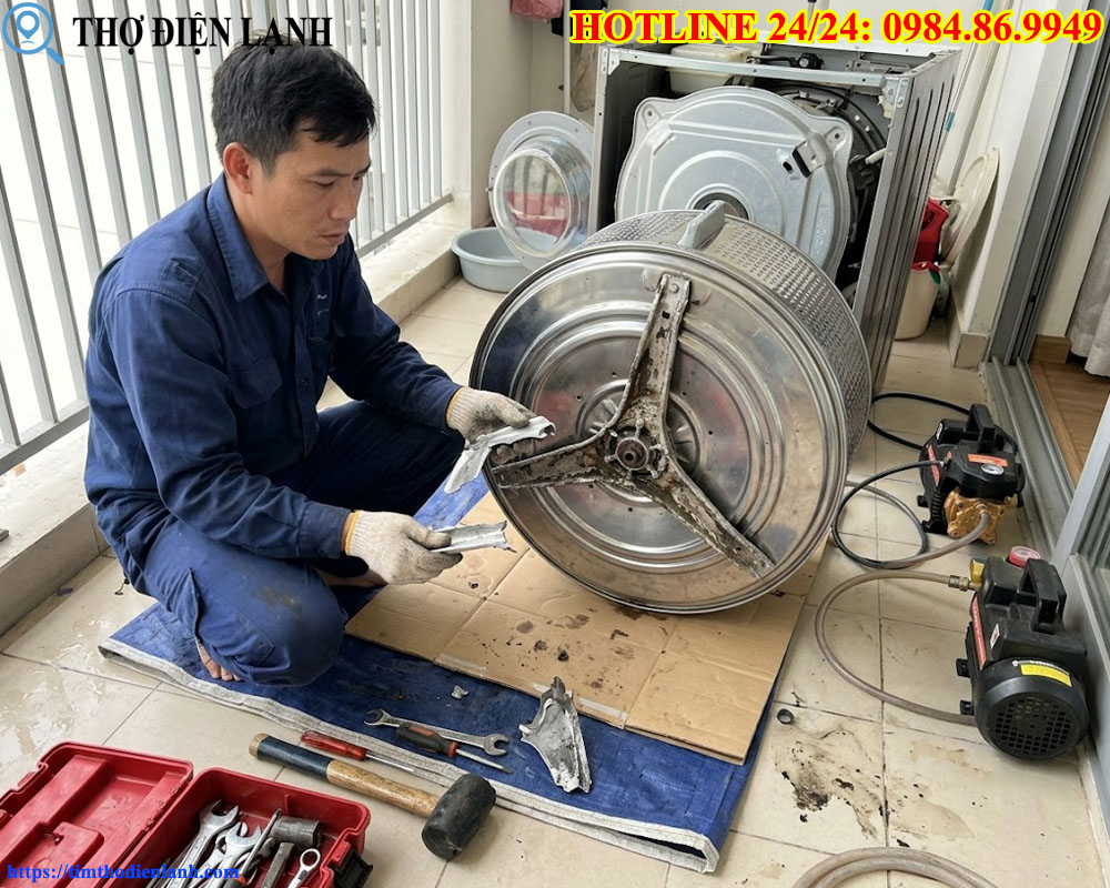 thợ vệ sinh làm gãy chạc ba máy giặt cửa ngang