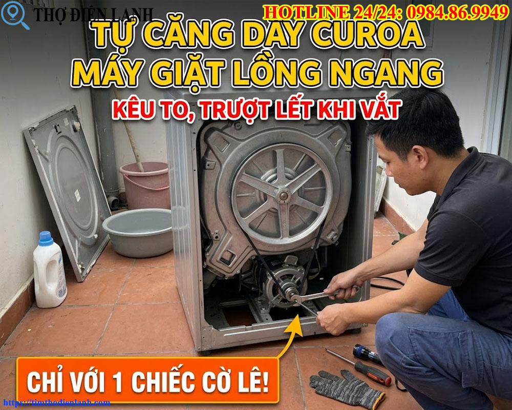 tự căng dây curoa máy giặt lồng ngang kêu to