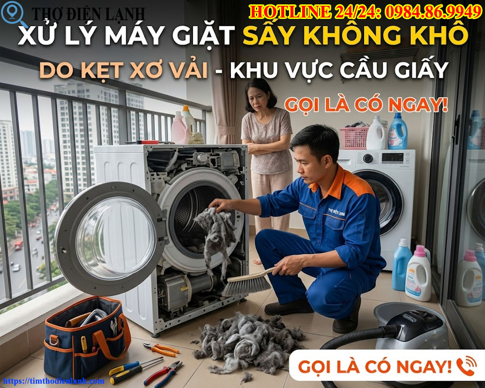 xử lý máy giặt sấy không khô do kẹt xơ vải tại Cầu Giấy